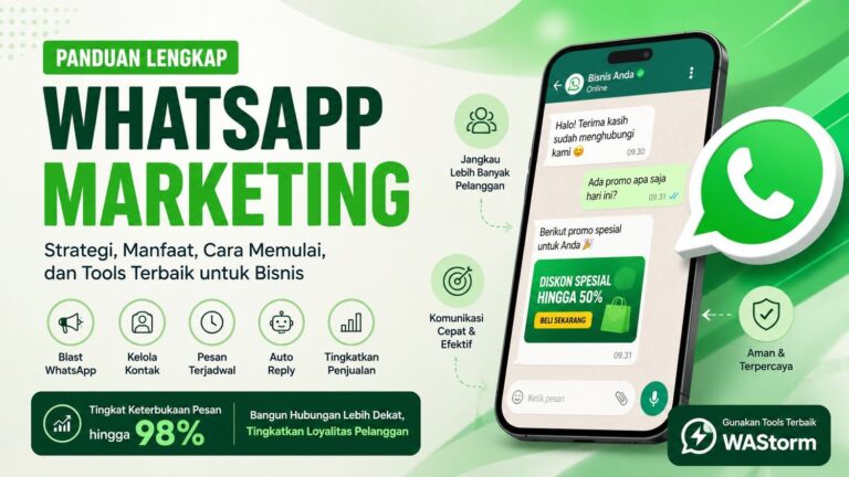 Ilustrasi WhatsApp Marketing menggunakan tools WAStorm untuk blast WhatsApp, auto reply, dan promosi bisnis digital